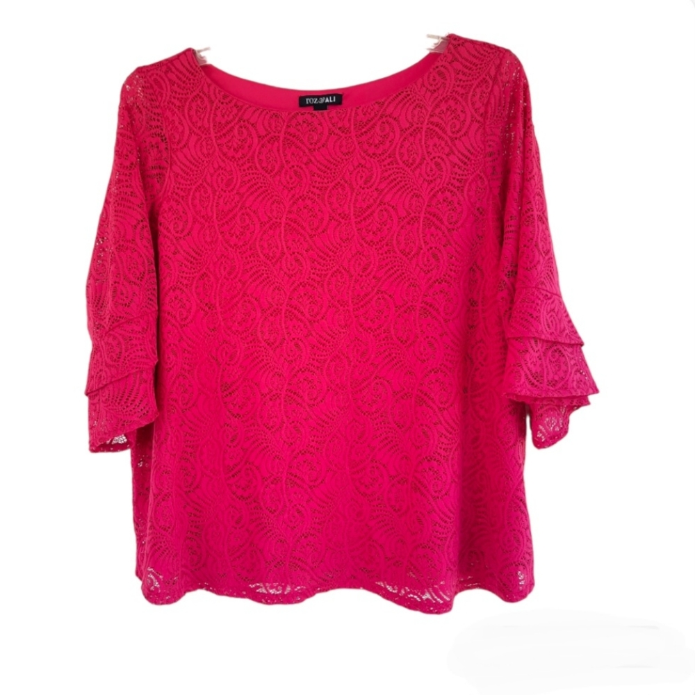 Roz & Ali Pink Floral Lace Plus Size Women's Tiered Bell Sleeves Blouse Size 3X
